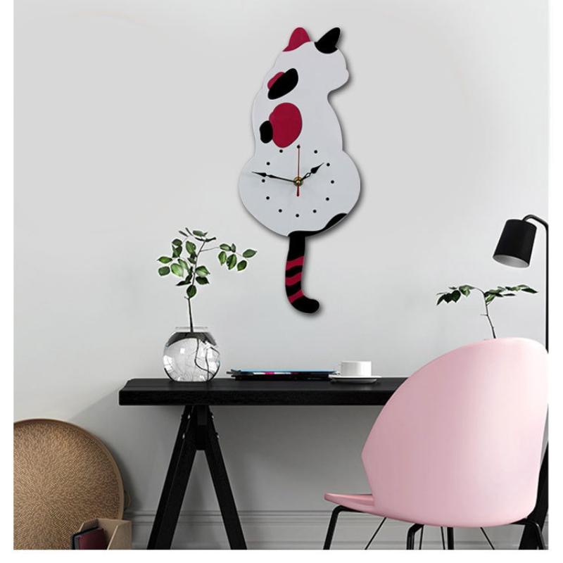 Wall Clock Creative DIY Cat Acrylic Wall Clock with Swing Tail Pendulum for Living Room Bedroom Home Decor Battery Not Included