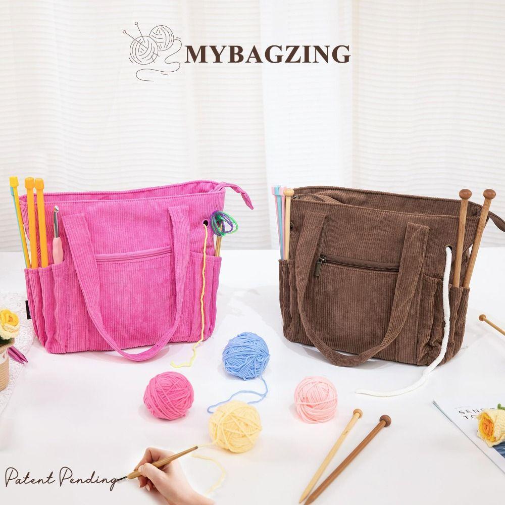 Large Capacity Crochet Yarn Storage Bag Multiple Pockets Corduroy Material Yarn Bag Organizer Washable Craft Storage