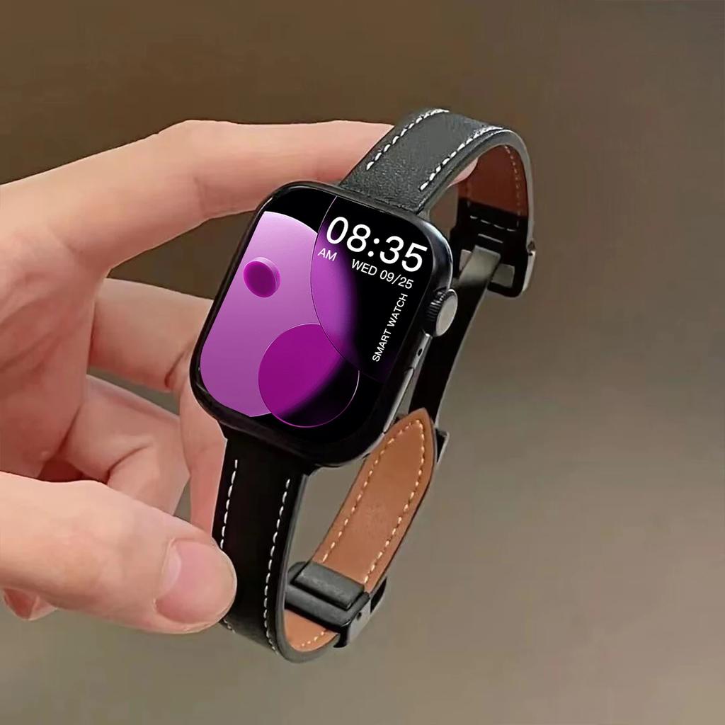 Folding Buckle Leather Magnetic Strap For Apple Watch S10 42/46mm 9 8 7 6 SE 5 4 Slim Watchband 38 40 44mm 45mm 41mm For iwatch
