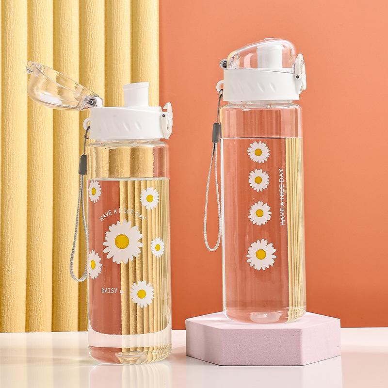 600ml Cute Daisy Clear Plastic Water Bottle Portable Sports Tumbler Outdoor Water Drinking Bottle With Carrying Strap