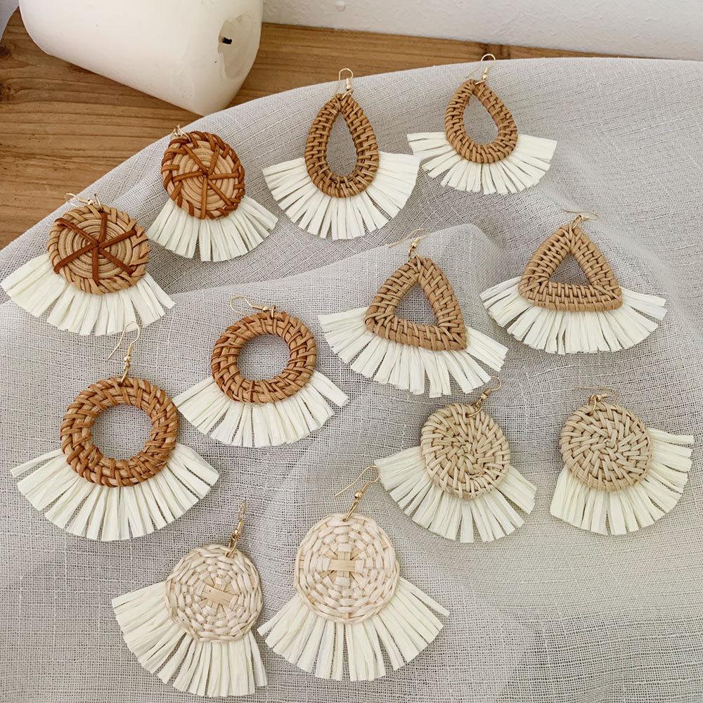 Korean Resort Style Handmade Rattan Raffia Straw Dangle Earrings with Ear Clips