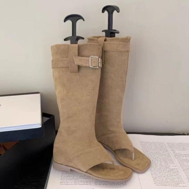 Fashion Spring New Cool Boots Women Fashion Square Head Suede Clip Toe Metal Buckle Slip-on Wear-resistant High Flat Shoes