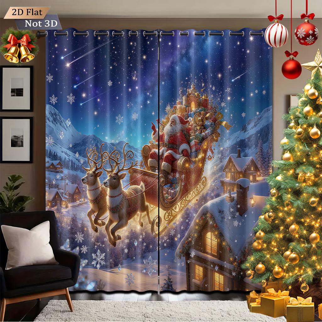 2 Santa Claus Sled Print Perforated Blackout Curtains Multiple Size Living Room Bedroom Insulation Decoration Machine Washable