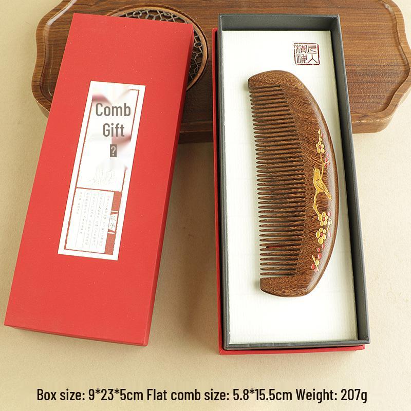 Premium Black Gold Sandalwood Comb: Hand-Painted, Anti-Static, Portable Hair Styling Comb with Gift Box for Women.