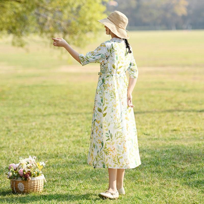 Johnature Women Vintage Bandage Dress Turn-down Collar Half Sleeve Print Floral Summer Button A-Line Dress