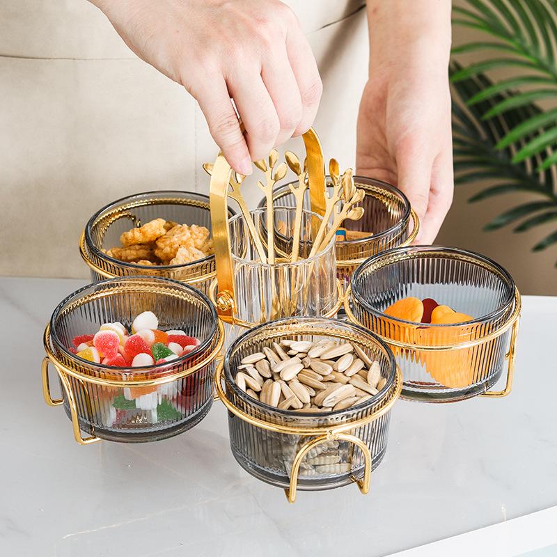 Striped Glass Snack Plate Dessert Bowl Round Clear Partition Snack Platter Plastic Cover Kitchen Storage Fruit Fork Home Decor