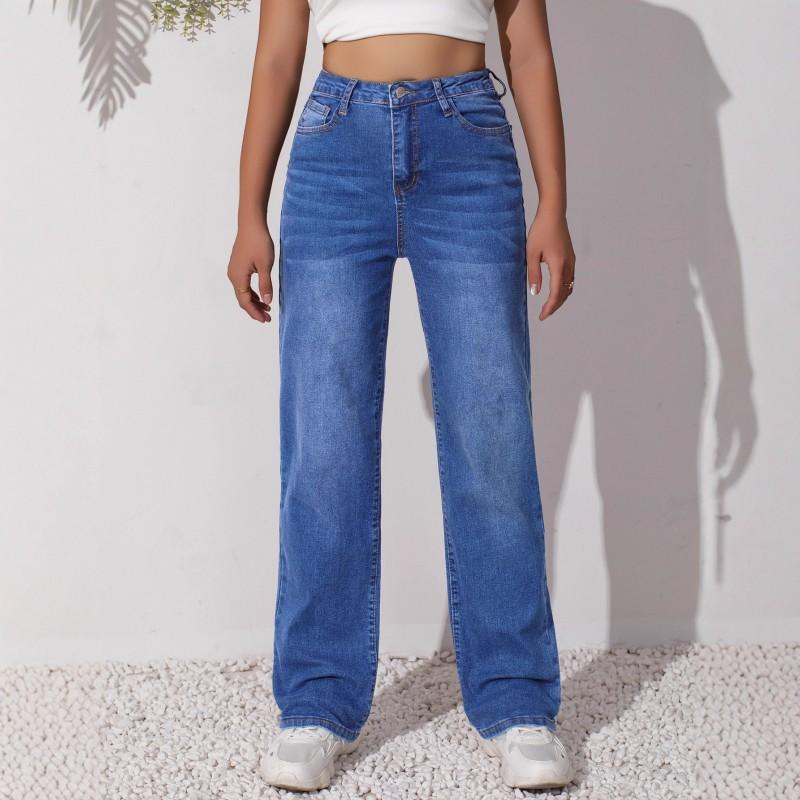 

Women s Jeans Retro Stretch Slimming Pants Double-button Design Dark Blue Trousers High Waist S синий