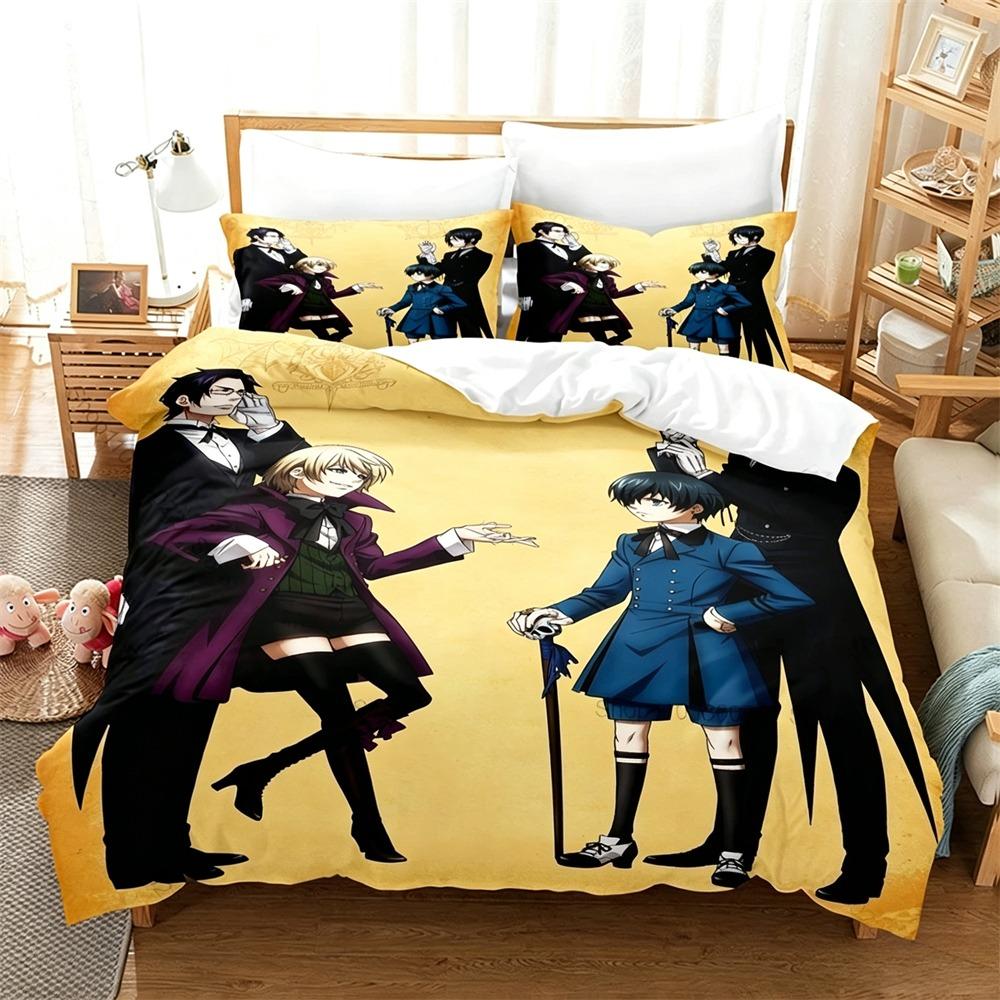 Set Biancheria da Letto Black Butler Kuroshitsuji 2/3 Pezzi Copripiumino Sebastian Ciel Cartone Animato Biancheria da Letto per Bambini Adulti Camera da Letto