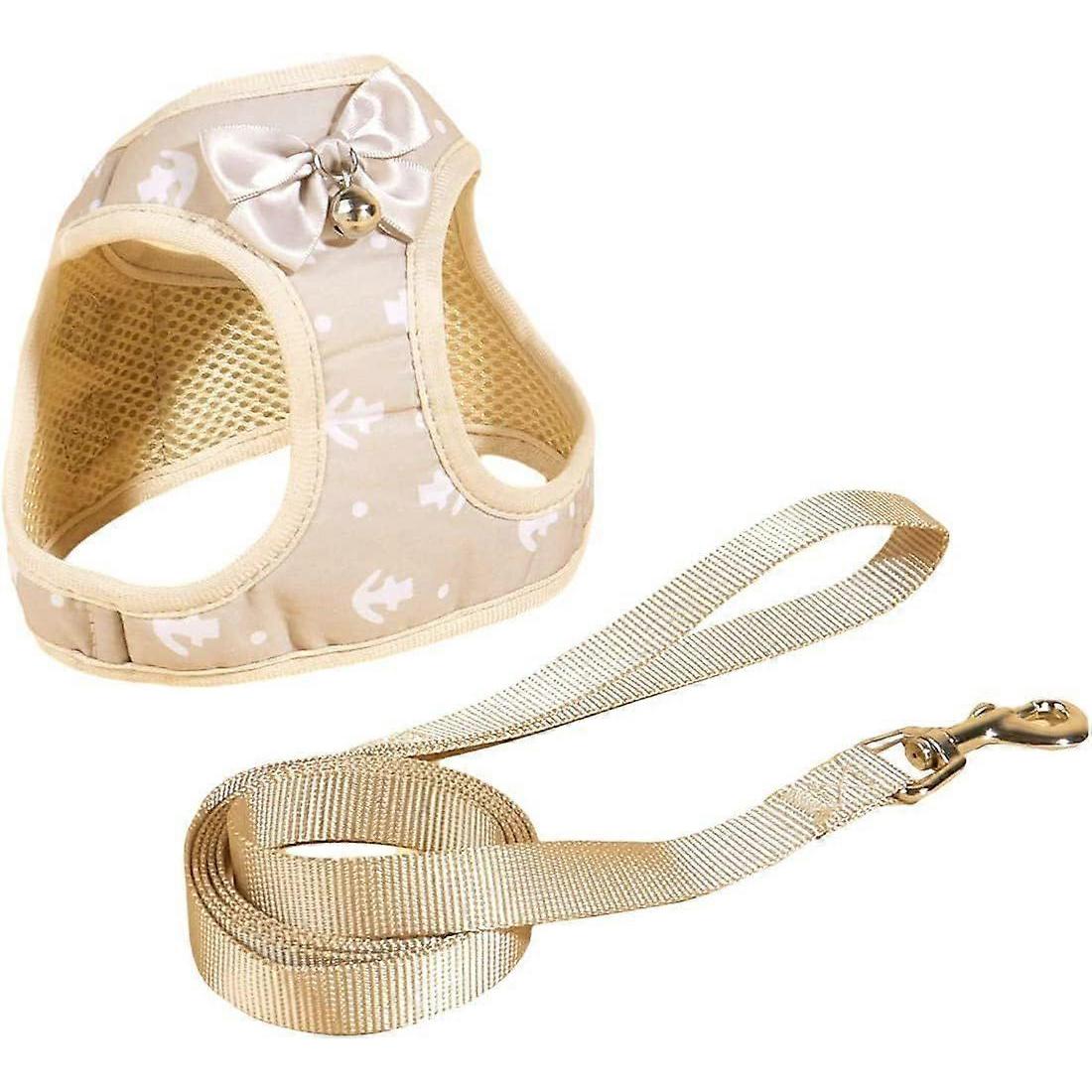 Süßes Hundegeschirr Hundeweste Geschirr mit Leine Set Glocke Schleife Design Welpen Katzen Geschirr Leinen Set für Kleine Mittlere Hunde Beige S