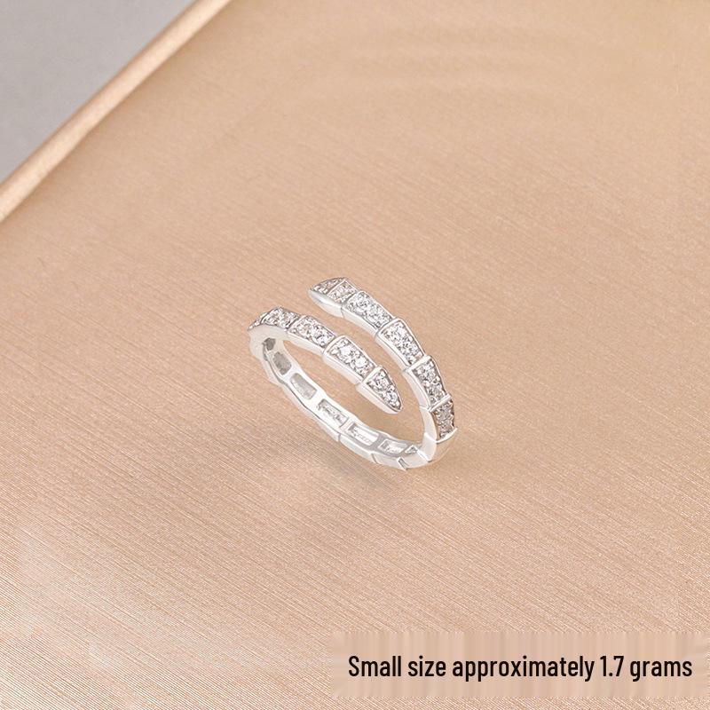 S925 Sterling Silver Snake Head Adjustable Open Ring for Women - Korean/Japanese Style Light Luxury with Full Diamond Shine Adjustable Open