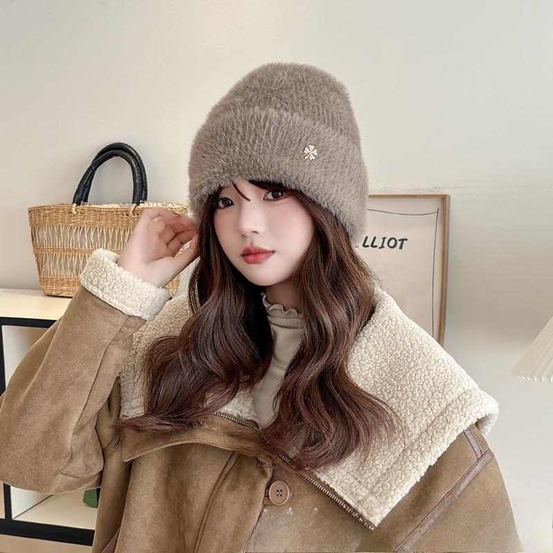 Autumn and Winter Hats for Women Plush New Korean Knitted Hats Versatile Warm Ear Protection Thickened Fashionable Wool Hats