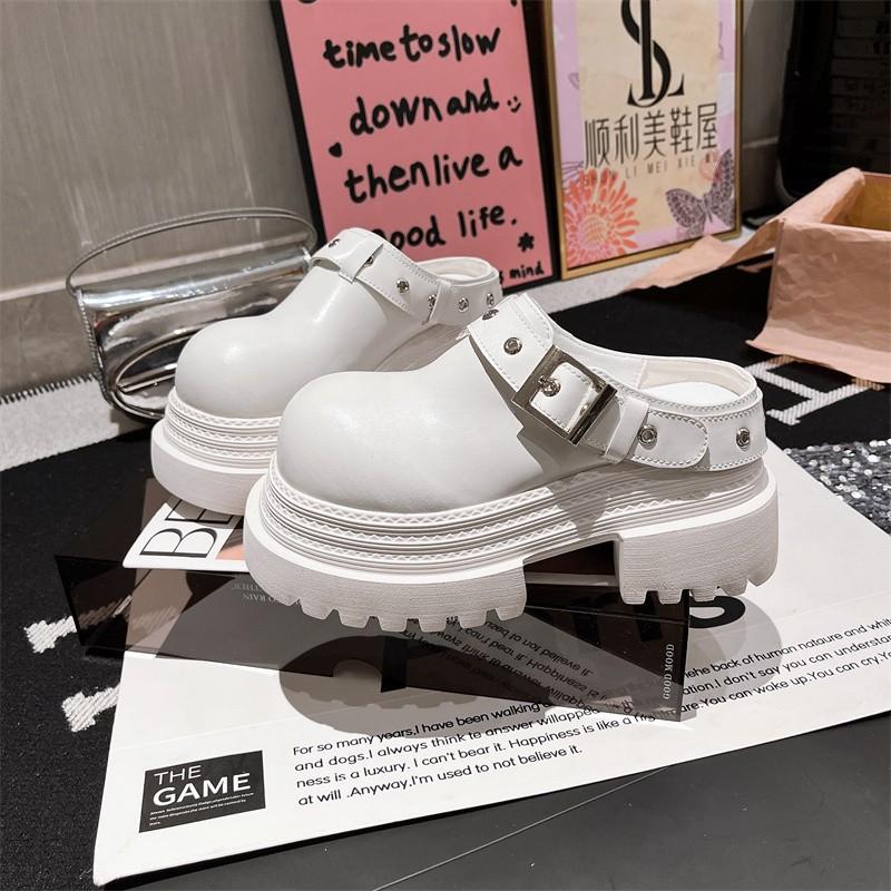 2025 Spring Baotou Half Slippers Women's New Muffin Heightened Thick Sole Outer Wear Retro Belt Buckle Slippers
