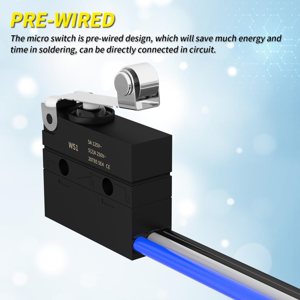2PCS Micro Limit Switch with Roller Lever 6A 12V DC Waterproof Sealed Lever Microswitch SPDT 3 PIN 5A 250VAC with Pre-Wired