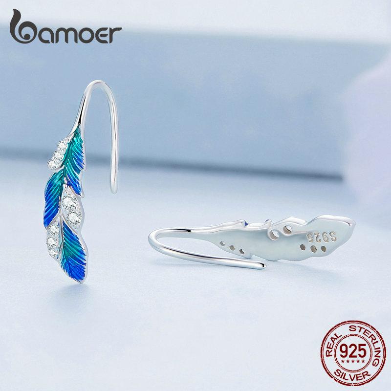 BAMOER 925 Sterling Silver olśniewający niebieski pióro otwarty pierścień i kolczyki zestaw biżuterii utorować ustawienie CZ dla kobiet Chic Fine Jewelry