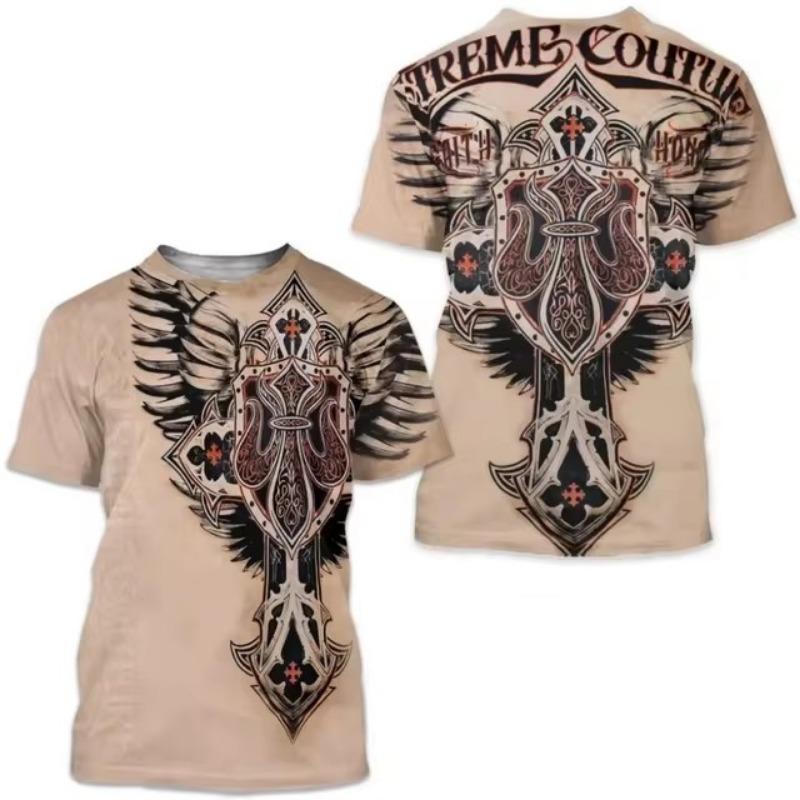 Vibrant Eagle Cross 3D Print Graphic Tee – ležérní, prodyšné, s krátkým rukávem, letní oblečení na ulici, pánské módní oblečení pro outdoorové aktivity