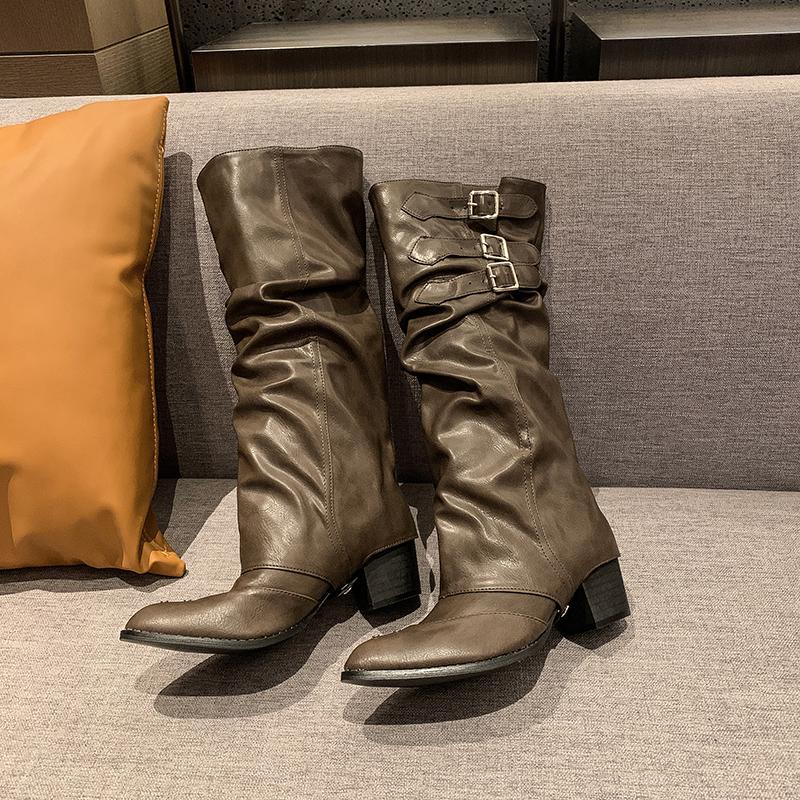 Fashion High Quality Wasteland style Vintage Detachable Boot Barrel Western Boots for Women Black Belt Straps Boot Shoes