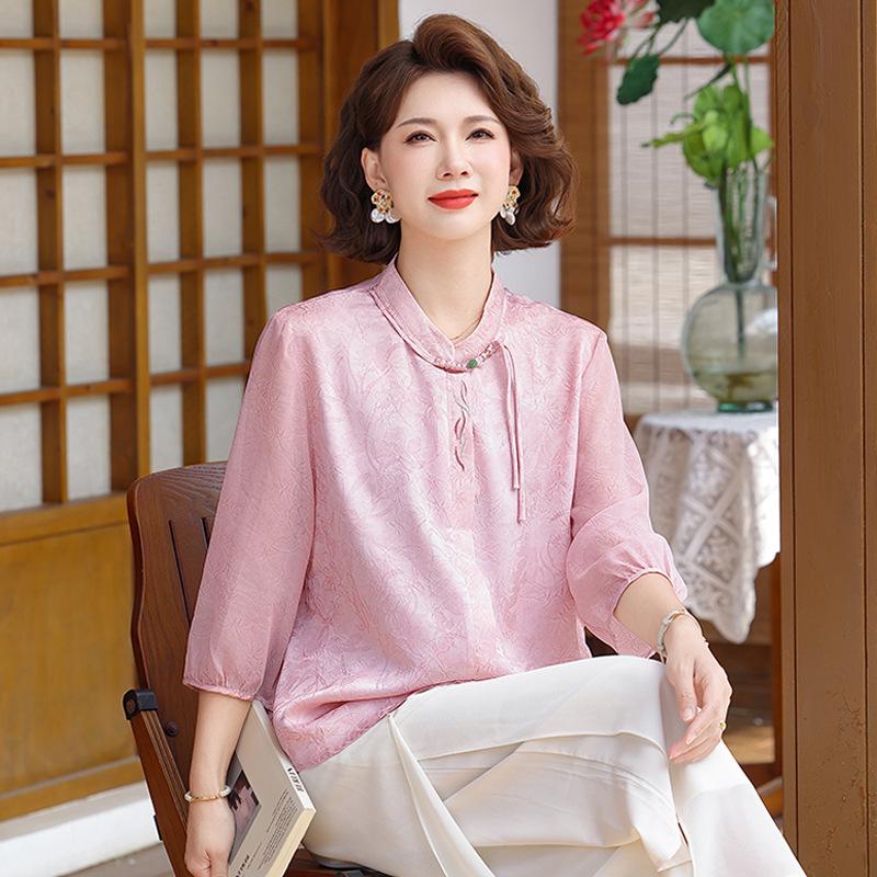 Stylish Chiffon Mid-Sleeve Top for Middle-Aged Women - Lightweight Summer Wear