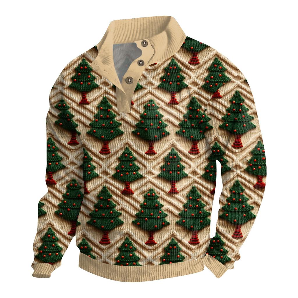 Herre Jul Bomull Genser Langermet Utendørsskjorte Vintage Kordfløyel Knapper Ståkrage Skjorte Casual Genser Juleprint Topp