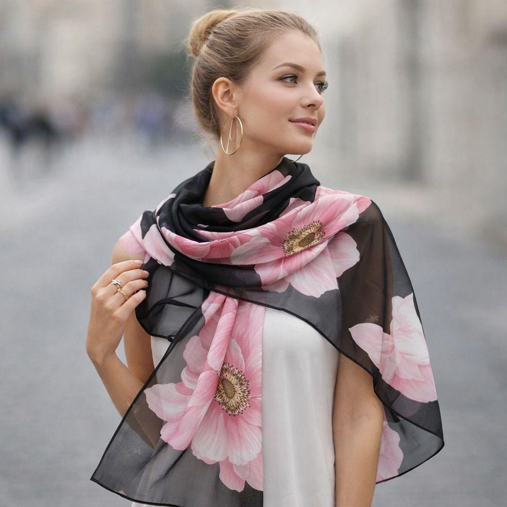Floral Print Chiffon Scarf Thin Female Wrap Shawls Elegant Wrap Hijab  Women's Fashion