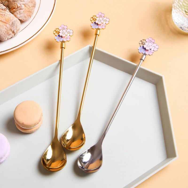 Stainless Steel Japanese Cherry Blossom Spoon Exquisite Dessert Long Handled Ice Spoon Household Bird'S Nest Mixing Spoon