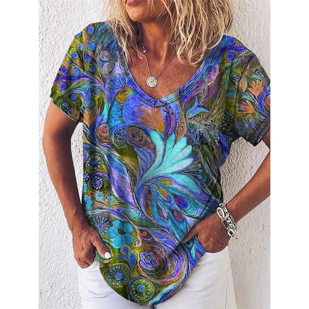 

Женская футболка с V-образным вырезом, блузка с 3D-арт-принтом, свободная футболка, летняя мода, повседневная женская одежда 5XL