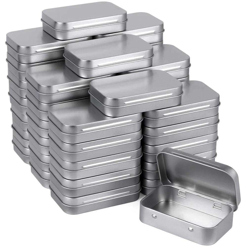 Metal Rectangular Empty Hinged Tins - Silver Mini Portable Box Small Storage Kit & Home Organizer with Lids Craft Containers