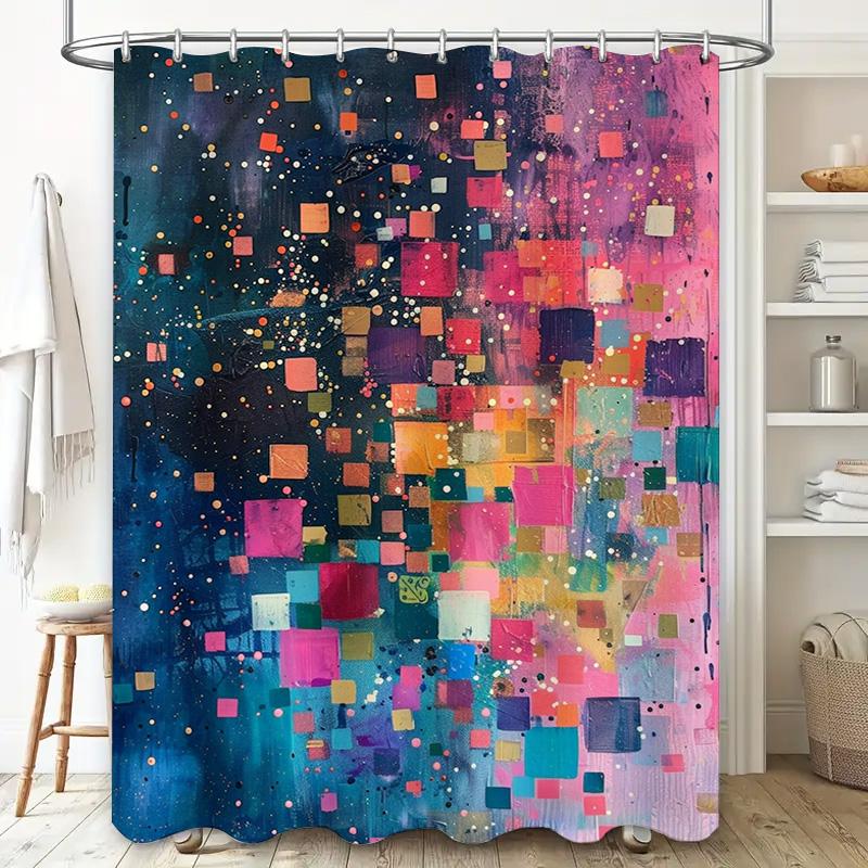 Vibrant Bathroom Shower Curtain Colorful Abstract Design with Squares Modern Home Decor for Bathtub Area Polyester Material Size