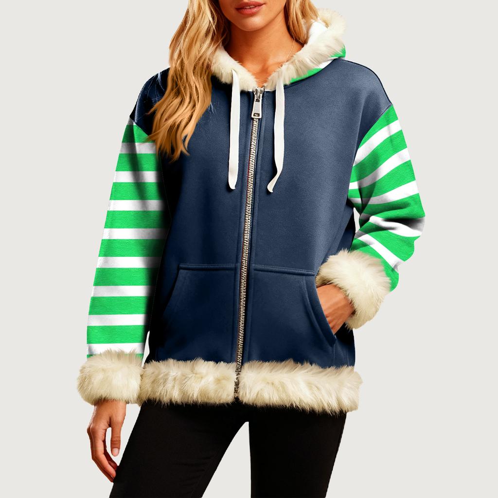 Women's Comfortable Loose Fashion Casual Striped Print Long Sleeve Pockets Hooded Sweatshirt Jacket
