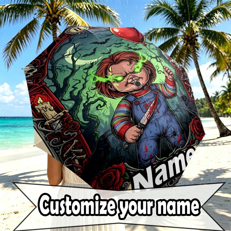 Custom Name Personalized Horror Movie Print Umbrella, Auto Open Close, 8‑Rib Sturdy Frame, Commute Camping Hiking Use, Birthday Gift