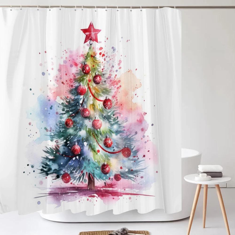 Christmas Shower Curtain Santa Claus Winter Christmas Tree Polyester Colorful Bath Curtain Home Bathroom Decor Curtain With Hook