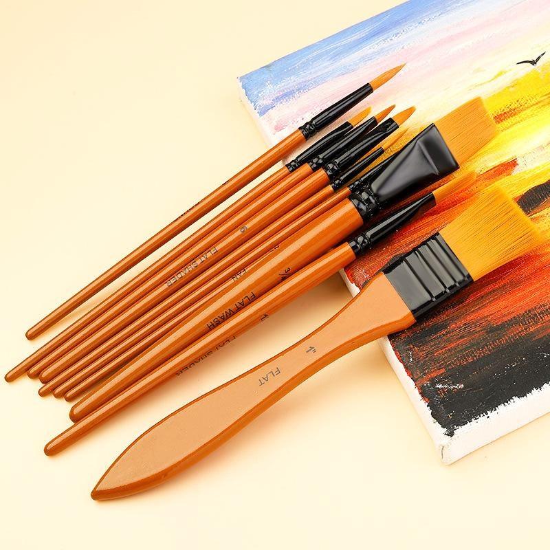 10 Pcs Orange Handle Nylon Bristle Watercolor Brush Set with Canvas Bag for Kids Adult DIY Handcraft Painting