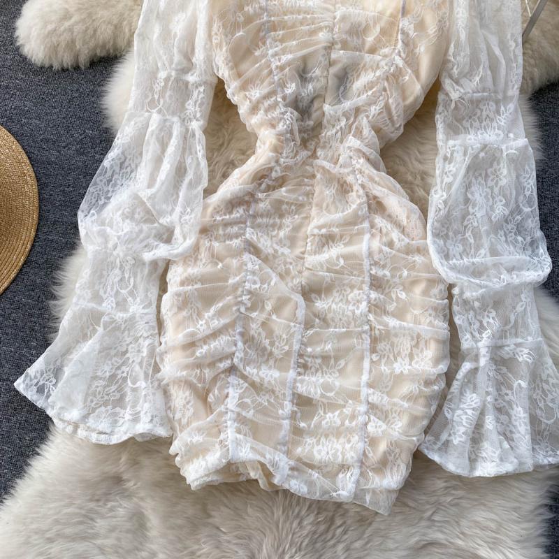 Frence seksowna koronkowa przezroczysta sukienka jednoczęściowa damska elegancka latarnia rękaw elegancka Mini sukienka Lady słodka impreza urodzinowa projektowanie mody odzież 2024