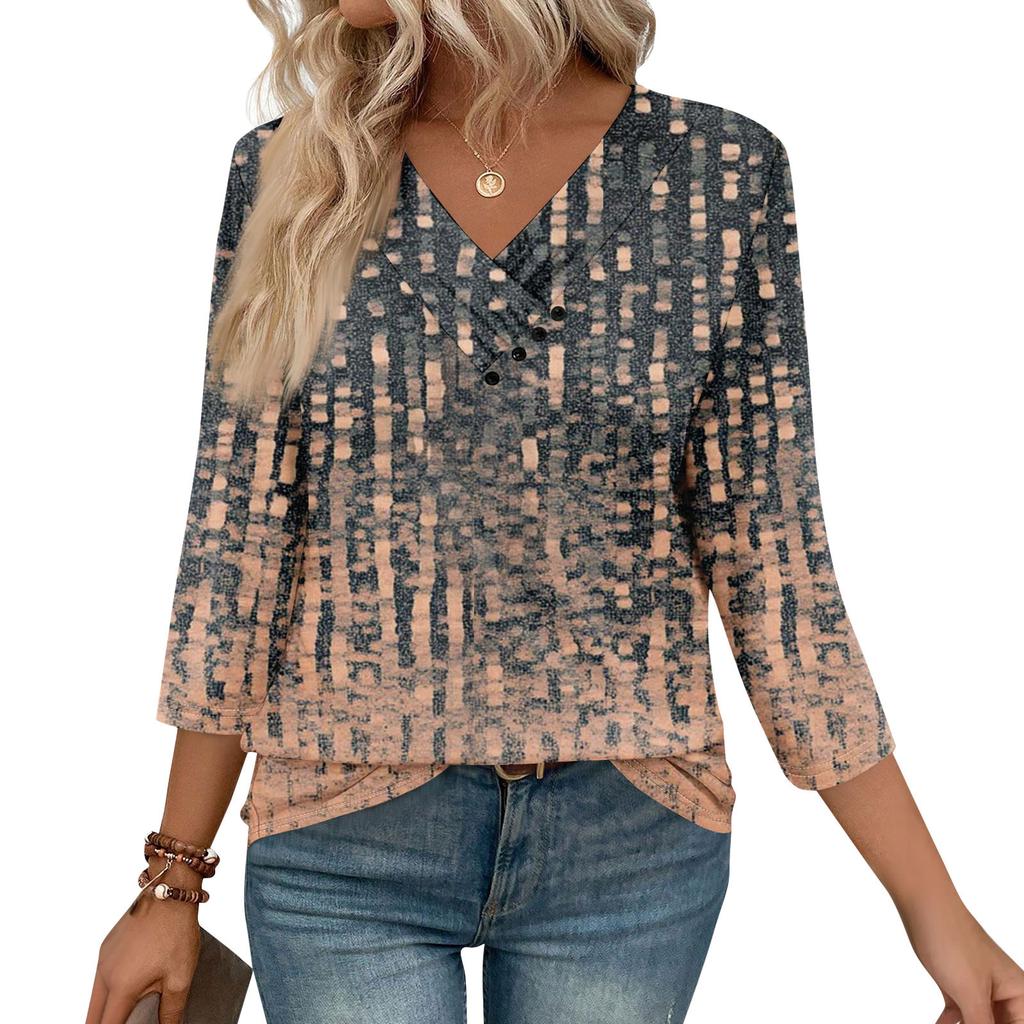 Womens 3/4 Sleeve Daily Weekend V Neck Casual Printed Tshirts Loose Fit Pleated Tees Button Down Shirts