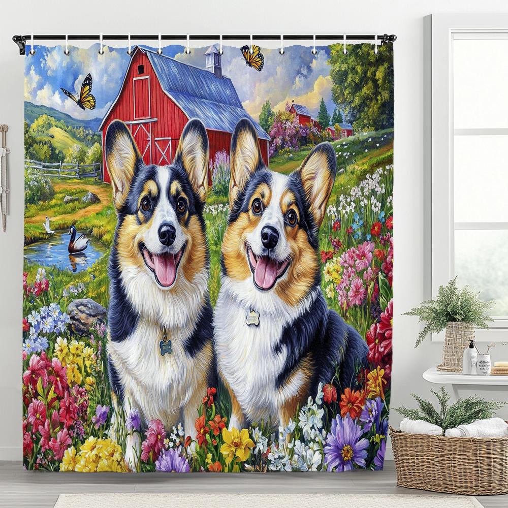 3D Printed Cute Puppies Shower Curtain Lovely Cartoon Animal Bathroom Decorative Curtain, Printed Home Curtain with 12 Hooks