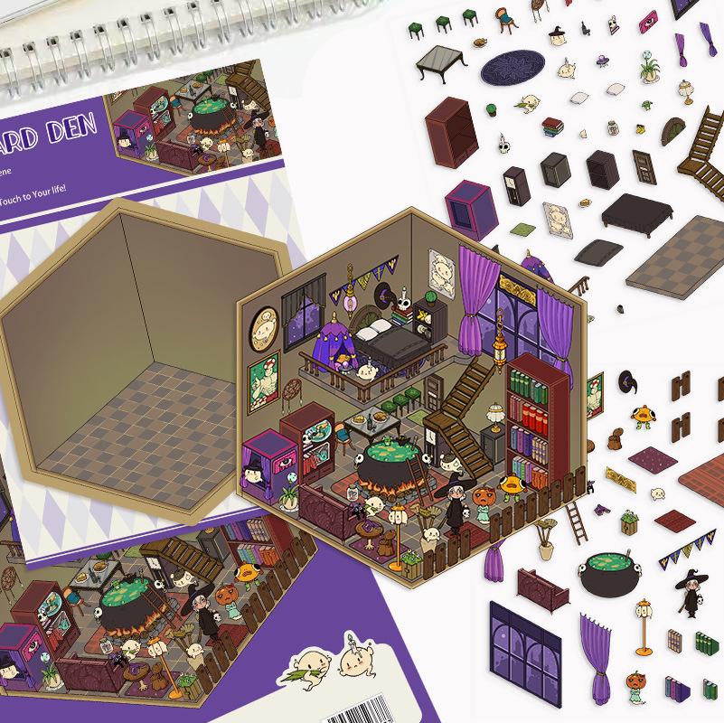 Kreslené krajinné samolepky Vícenásobný miniaturní svět 3D chata Rozbalit DIY scéna Ruční příspěvek