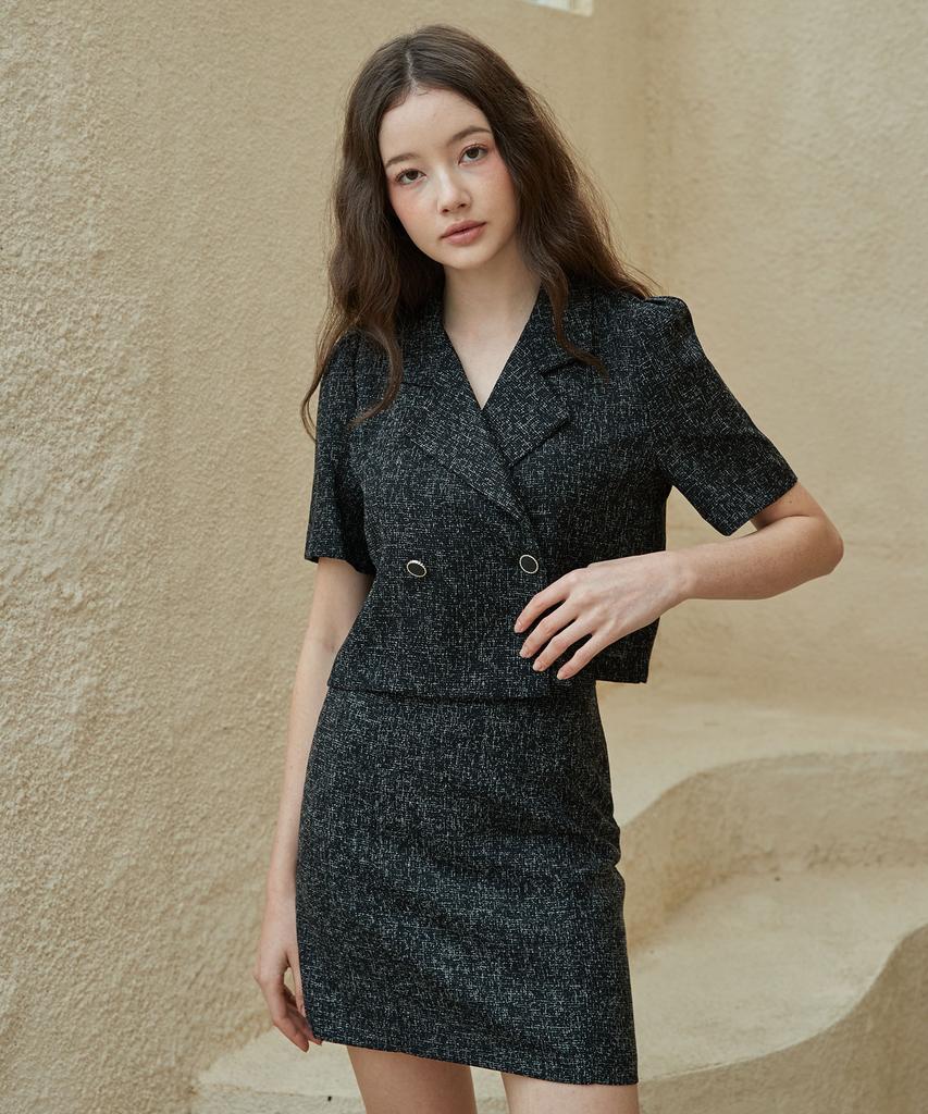 Bye Bye Seop [Set] Tweed Half Jacket + H-Line Mini Skirt Black
