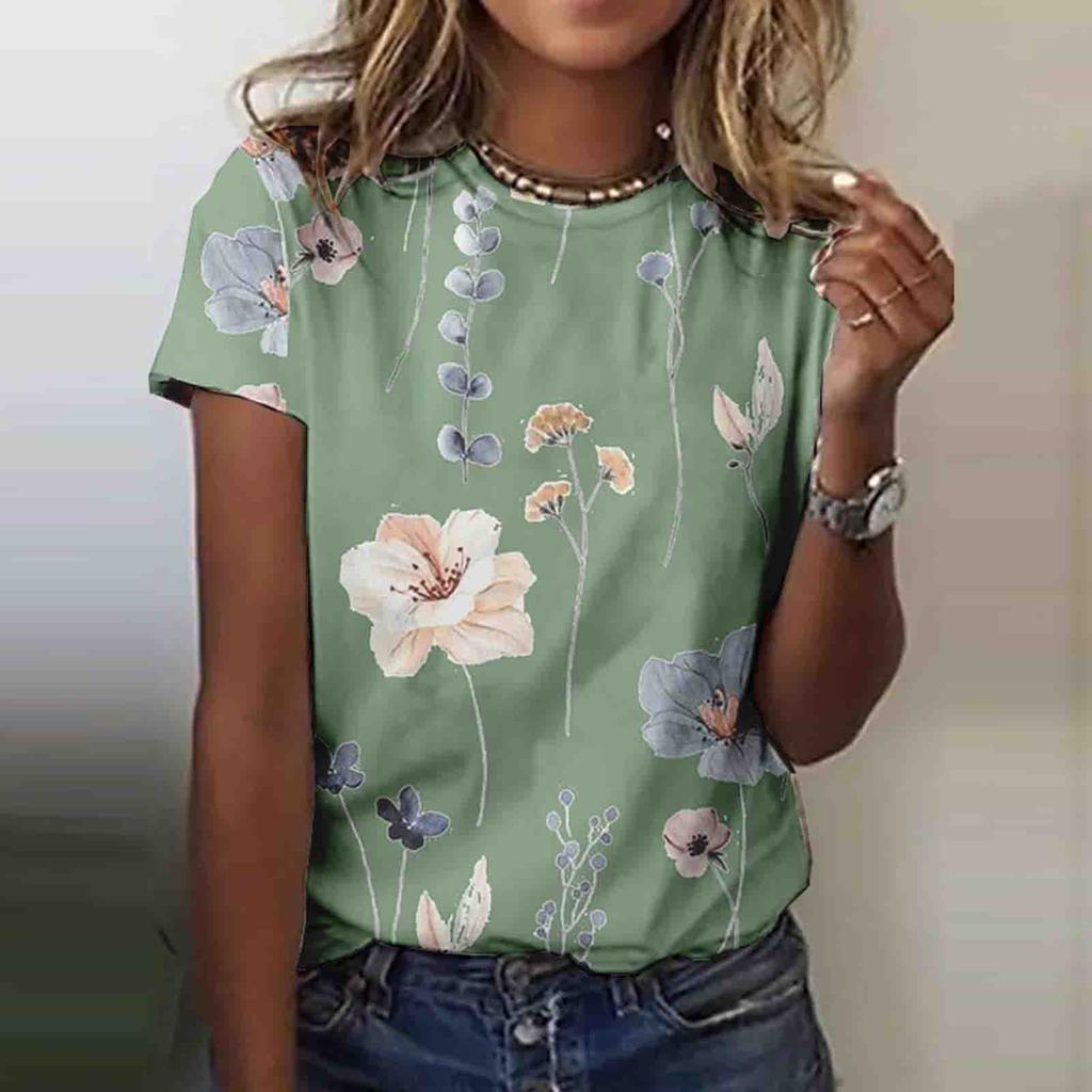 Women's Fashion Casual Short Sleeve Flower Print Round Neck Pullover Top Blouse