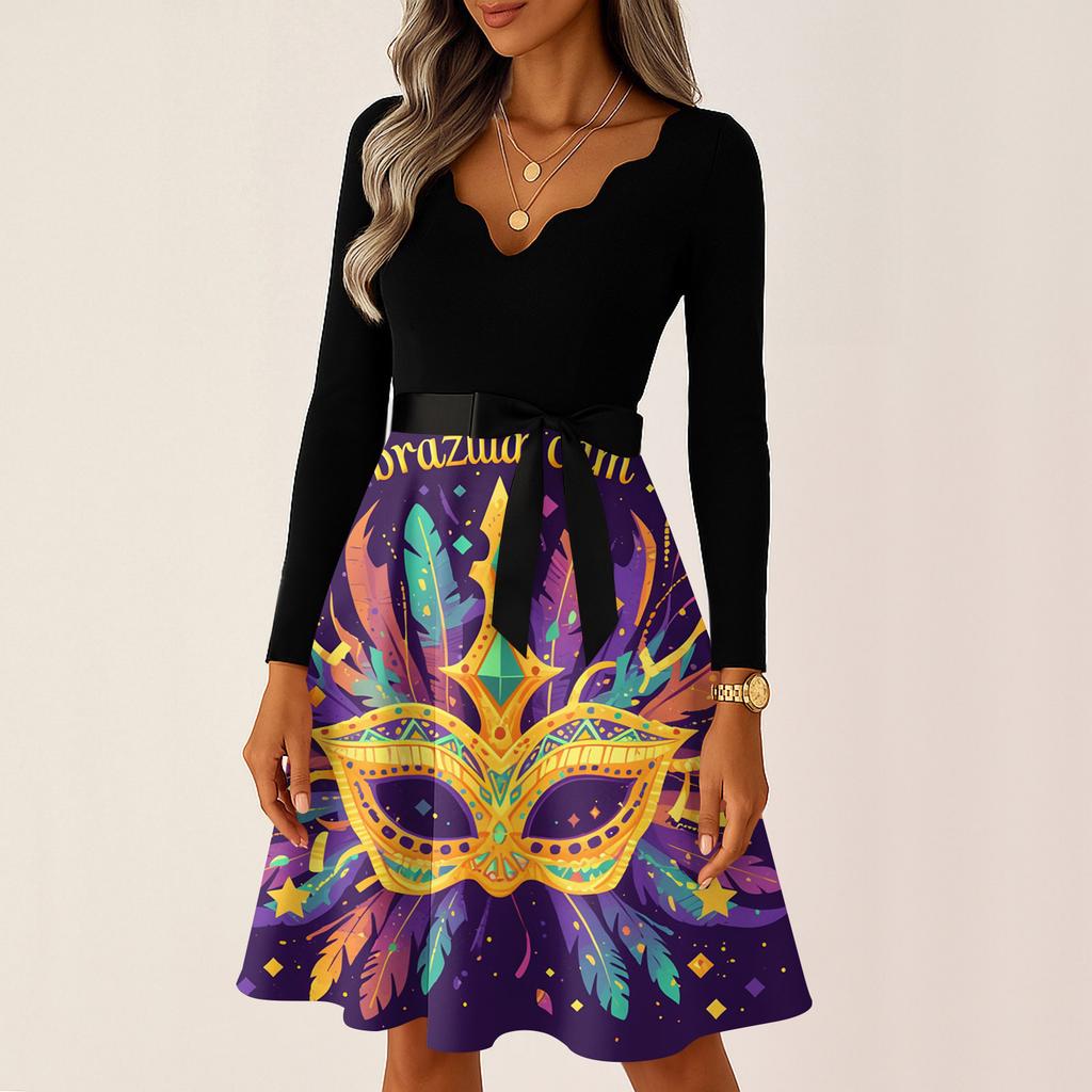 Women's Casual Fashion V Neck Long Sleeve Printed Vintage Long Dress