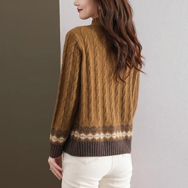 Geometric Pattern Mock Neck Sweater, Casual Long Sleeve Sweater for Fall & Winter, Women's Clothing