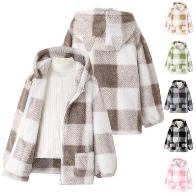 Girls' Fashionable Casual Plaid  Versatile Loose Hooded Jacket For Medium And Large Children