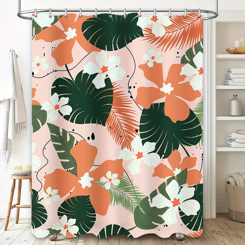 Bright Tropical Shower Curtain with Green Leaves and White Flowers Modern Home Decor for Bathroom