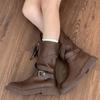 Pleated Buckle Knight Boots for Women Autumn Brown PU Leather Mid Calf Boots Woman Slip-On Thick Heel Riding Botas Mujer 2025