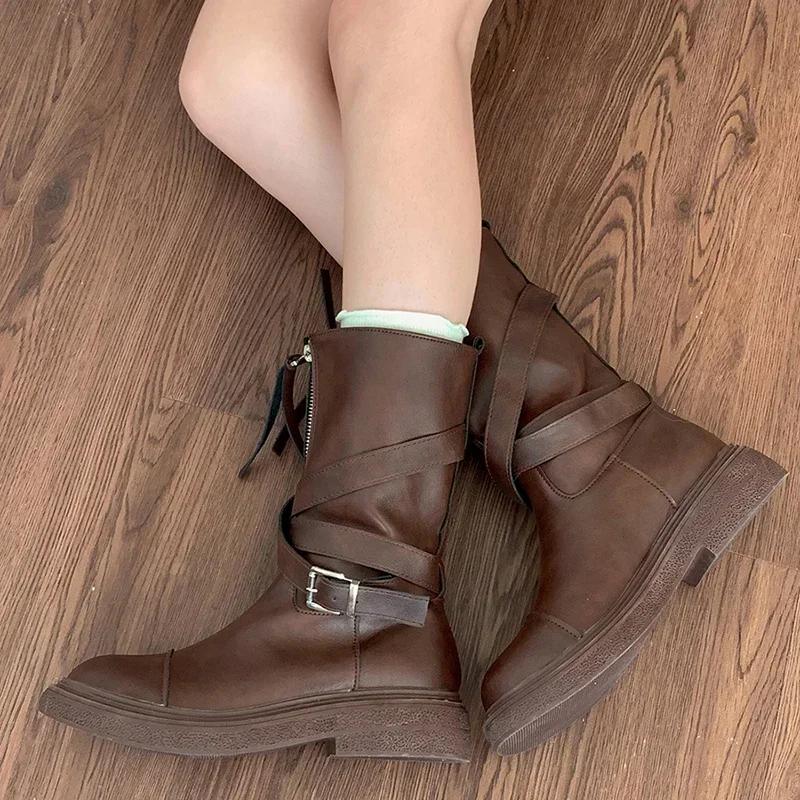 Pleated Buckle Knight Boots for Women Autumn Brown PU Leather Mid Calf Boots Woman Slip-On Thick Heel Riding Botas Mujer 2025