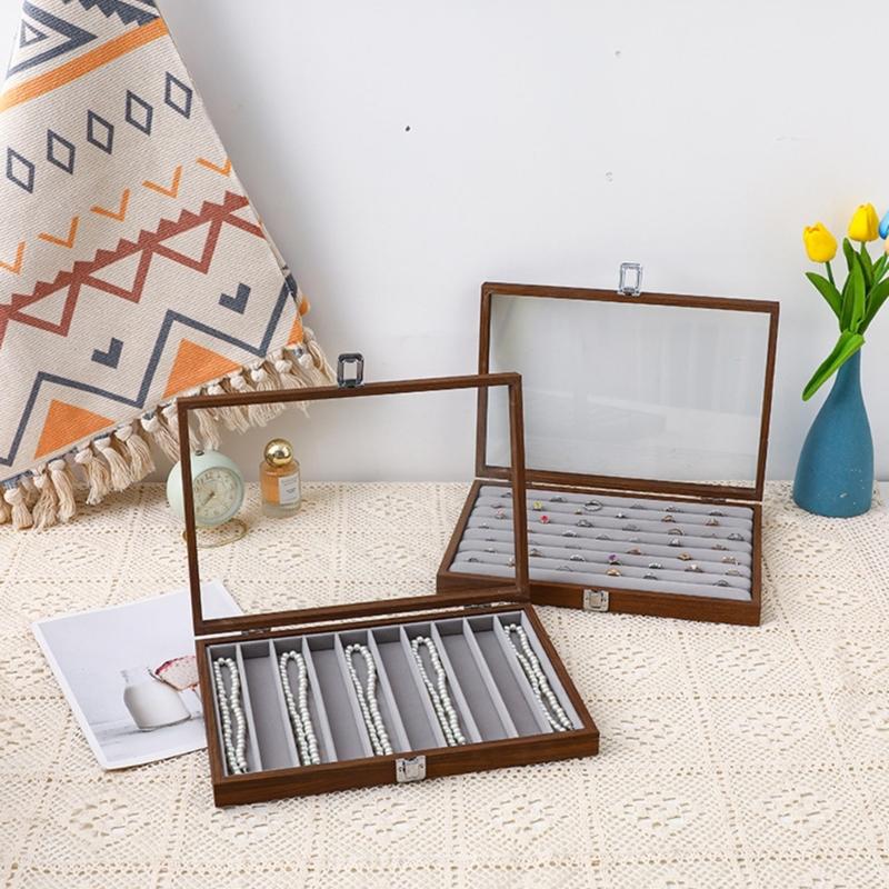Chic Wood Earring Holder with Lid Wood Jewelry Collection Box with Partitions and Lid Elegant Presentation Tray