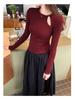 Women's Slim Fit Long Sleeve T-shirt - Pure Desire Collection: Hollow Round Neck, Drop Shoulder, Inner Layer for Autumn/Winter