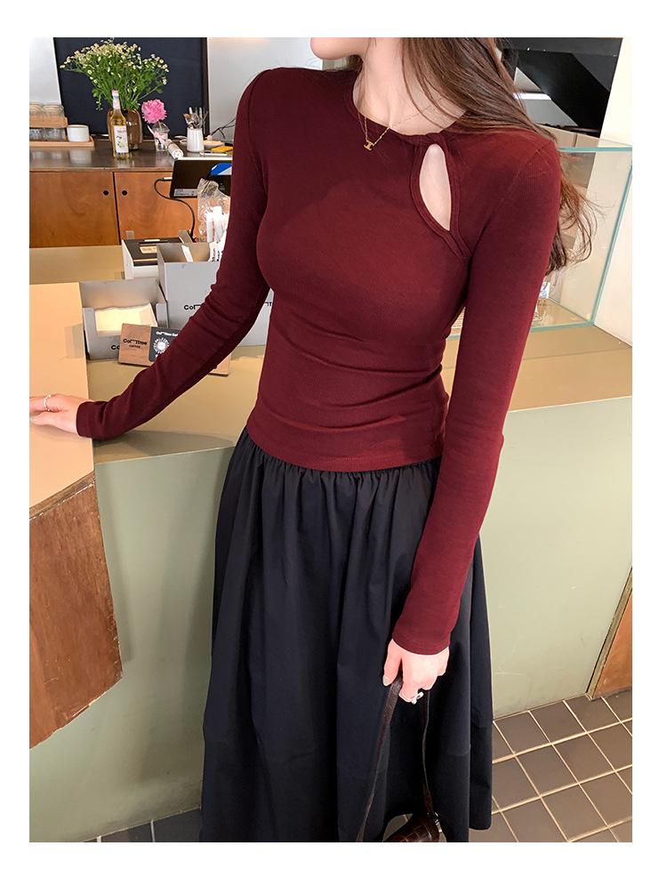 Women's Slim Fit Long Sleeve T-shirt - Pure Desire Collection: Hollow Round Neck, Drop Shoulder, Inner Layer for Autumn/Winter