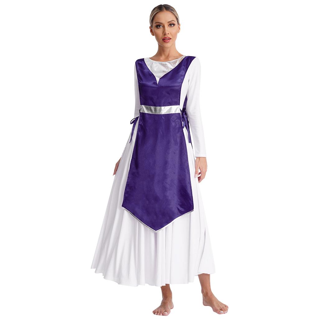 Womens Church Worship Robe Choir Performance Tunic Metallic Patchwork Lace-Up Sides Split Satin Dress Dancewear