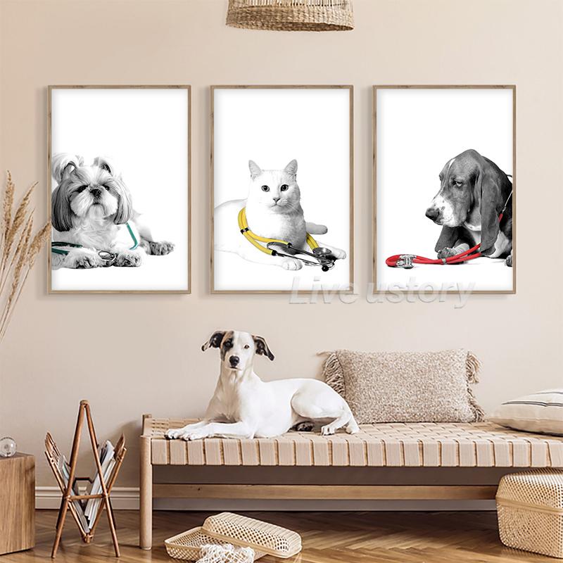 Pet Care Art Prints Black White Photography Posters Cat Dog Canvas Painting Animal Clinic Wall Pictures Veterinary Office Decor