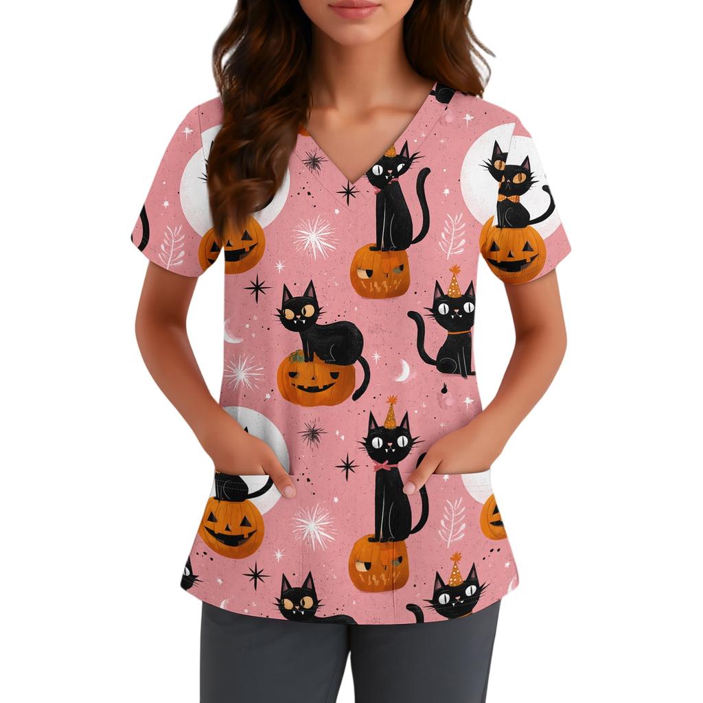 Women V Neck Short Sleeve Halloween Print Top with Pocket Scrub Shirt for Healthcare Professionals Uniform
