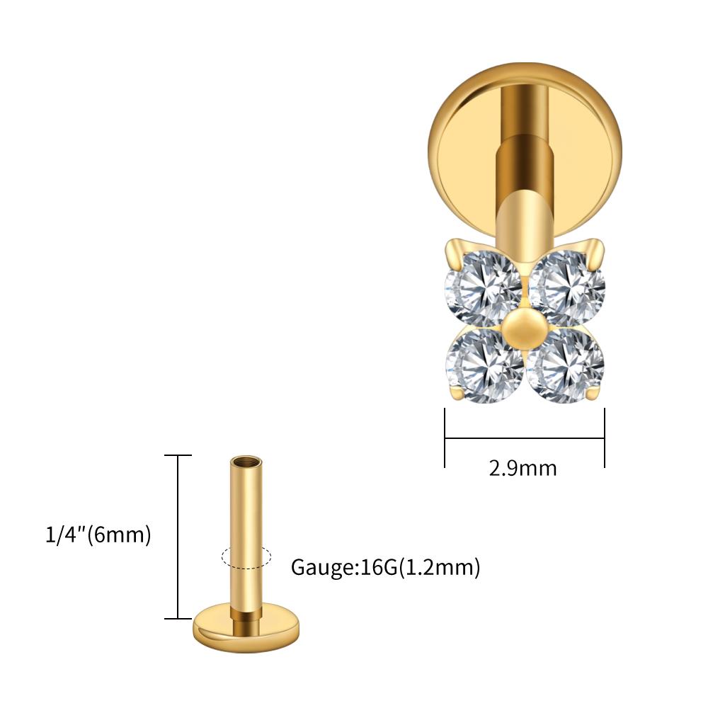 Right Grand ASTM F136 Titanium Flower CZ Cartilage Earring 16G Four Leaf Helix Tragus Stud Flat Back Labret Piercing Jewelry